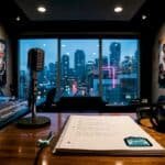 Music recording studio setup with microphone, headphones, and city skyline.