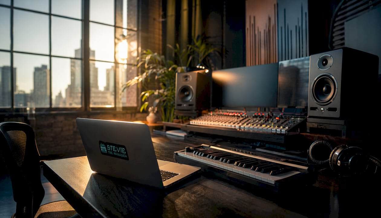 Music studio setup with speakers, keyboard, and laptop in a modern space.