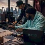 Hands adjusting mixing console in home studio