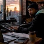 Music producer adjusting mixing console in home studio