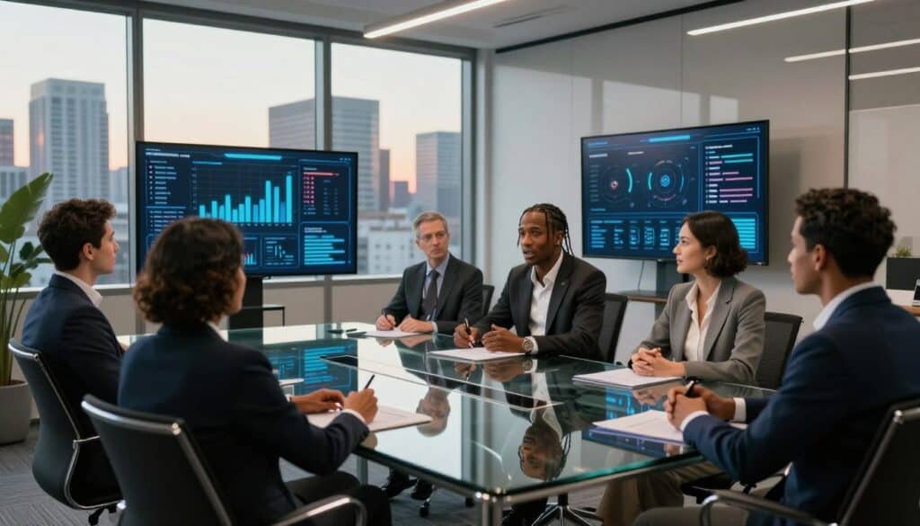 Business professionals discussing data analytics in a modern conference room.