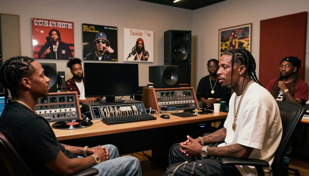 Stevie The Manager in a music studio with artists and equipment.