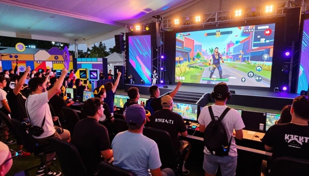 A vibrant Fortnite gaming event scene, with a dynamic stage featuring colorful lights and holographic displays. In the foreground, a diverse group of excited gamers in casual clothing, cheering and engaging with the show. The middle ground showcases the energetic audience, including a mix of fans waving Fortnite merchandise and wearing themed attire, all captivated by a large screen displaying Lil Tecca performing in-game. In the background, a lively festival atmosphere with Fortnite-themed decorations, interactive gaming booths, and a colorful sky illuminated by multimedia visuals. The angle is slightly from above, capturing both the stage and the crowd, with warm lighting that creates an inviting and energetic mood, emphasizing the excitement of celebrity collaborations in gaming.