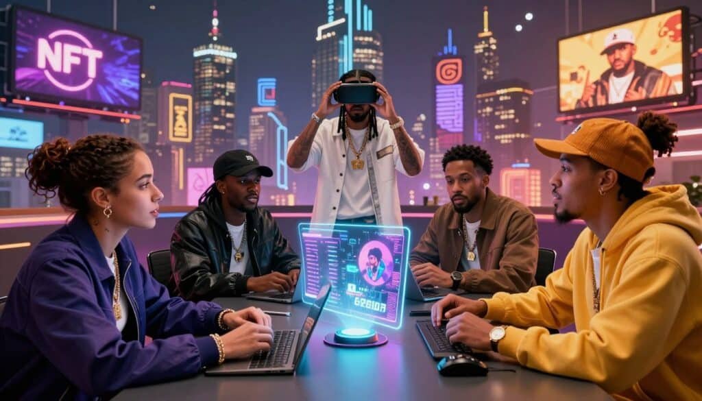 A vibrant and dynamic scene depicting the future of the hip-hop music industry focused on NFTs and Web3 technology. In the foreground, a diverse group of four music industry professionals in modern, stylish outfits are engaged in a lively brainstorming session around a high-tech table adorned with holographic displays showcasing music charts and digital artwork. In the middle ground, a futuristic city skyline is illuminated by colorful lights, with virtual reality elements integrating seamlessly into the urban landscape. The background features billboards displaying iconic hip-hop symbols and animated NFT art. The scene is bathed in a warm, inspiring glow, suggesting innovation and creativity, captured from a slightly elevated angle to emphasize the action and energy. A vibrant and dynamic scene depicting the future of the hip-hop music industry focused on NFTs and Web3 technology. In the foreground, a diverse group of four music industry professionals in modern, stylish outfits are engaged in a lively brainstorming session around a high-tech table adorned with holographic displays showcasing music charts and digital artwork. In the middle ground, a futuristic city skyline is illuminated by colorful lights, with virtual reality elements integrating seamlessly into the urban landscape. The background features billboards displaying iconic hip-hop symbols and animated NFT art. The scene is bathed in a warm, inspiring glow, suggesting innovation and creativity, captured from a slightly elevated angle to emphasize the action and energy.