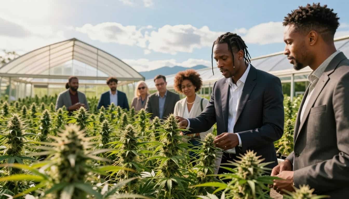 Stevie The Manager examining cannabis plants in a greenhouse with a team.