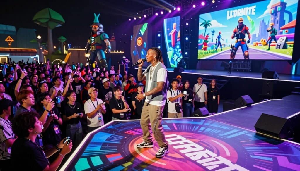 A vibrant gaming event featuring Lil Tecca as a headlining performer within a stylized Fortnite environment. In the foreground, a sleek stage adorned with colorful LED lights and dynamic graphics showcases Lil Tecca, dressed in stylish, modest casual attire, engaging with fans. In the middle ground, a lively audience, comprised of diverse gamers and fans, is immersed in the experience, some holding gaming controllers and others taking photos. The background displays Fortnite-themed elements, such as iconic characters and landscapes, with large screens broadcasting the performance. The atmosphere is electric, illuminated by dramatic lighting and neon colors, creating an exciting, celebratory mood. Capture this scene from a slightly elevated angle, creating depth and perspective, reminiscent of a lively festival vibe.