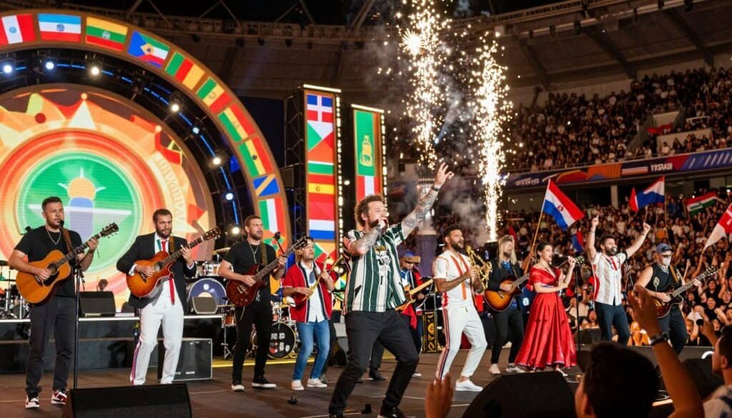 A vibrant scene capturing a FIFA World Cup closing ceremony performance featuring a diverse group of musicians and dancers. In the foreground, a charismatic performer, resembling Post Malone, is passionately engaging with the audience, dressed in stylish casual attire. Surrounding him are musicians playing live instruments, showcasing a blend of modern and traditional sounds. The middle ground features a large, colorful stage adorned with dynamic lighting and visuals, reflecting various national flags and cultural motifs. In the background, a packed stadium fills with excited fans waving flags and celebrating, illuminated by spectacular fireworks. The atmosphere is electric and festive, encapsulating the spirit of unity in music and sports. The image is infused with rich colors, emphasizing warmth and energy, with a dynamic angle capturing the action up close. A vibrant scene capturing a FIFA World Cup closing ceremony performance featuring a diverse group of musicians and dancers. In the foreground, a charismatic performer, resembling Post Malone, is passionately engaging with the audience, dressed in stylish casual attire. Surrounding him are musicians playing live instruments, showcasing a blend of modern and traditional sounds. The middle ground features a large, colorful stage adorned with dynamic lighting and visuals, reflecting various national flags and cultural motifs. In the background, a packed stadium fills with excited fans waving flags and celebrating, illuminated by spectacular fireworks. The atmosphere is electric and festive, encapsulating the spirit of unity in music and sports. The image is infused with rich colors, emphasizing warmth and energy, with a dynamic angle capturing the action up close.