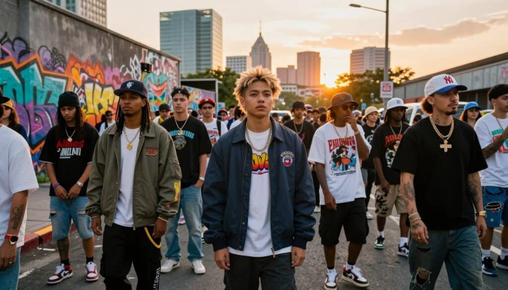 A vibrant urban scene showcasing the cutting-edge hip-hop fashion trends of 2026. In the foreground, a diverse group of young adults with striking hairstyles and bold accessories, wearing oversized jackets, graphic tees, and statement sneakers. The midground features a bustling street with graffiti art on the walls, showcasing bright colors and hip-hop culture. The background displays a modern city skyline under a sunset, casting warm golden light over the scene. The atmosphere is energetic and stylish, capturing the essence of urban youth culture. Use a wide-angle lens to emphasize the dynamics of the crowd and the layering of the scene, with soft bokeh effects to draw focus to the fashion details. The overall mood is confident, vibrant, and forward-looking, reflecting the excitement of the upcoming trends in hip-hop fashion.