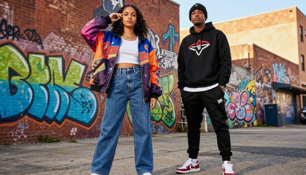A vibrant urban scene showcasing the essence of trendy hip hop brands influenced by West Coast style. In the foreground, a stylish young woman and man, both dressed in fashionable streetwear, pose confidently. The woman wears a colorful oversized jacket with bold graphics and high-waisted baggy jeans, while the man dons a sleek hoodie with a trendy logo paired with tapered joggers and sneakers. In the middle, a backdrop of graffiti art on brick walls enhances the hip hop vibe, featuring bright colors and intricate designs. The soft afternoon sunlight casts a warm, inviting glow over the scene, emphasizing the richness of their clothing. The composition captures the laid-back yet dynamic atmosphere of urban life, perfect for illustrating the impact of West Coast style on hip hop fashion.