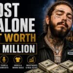 Post Malone with tattoos and luxury items, net worth $50 million in 2026.
