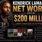 Kendrick Lamar with net worth graphic, celebrating his success in 2026.