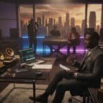 Stevie The Manager in a modern recording studio with city skyline view.