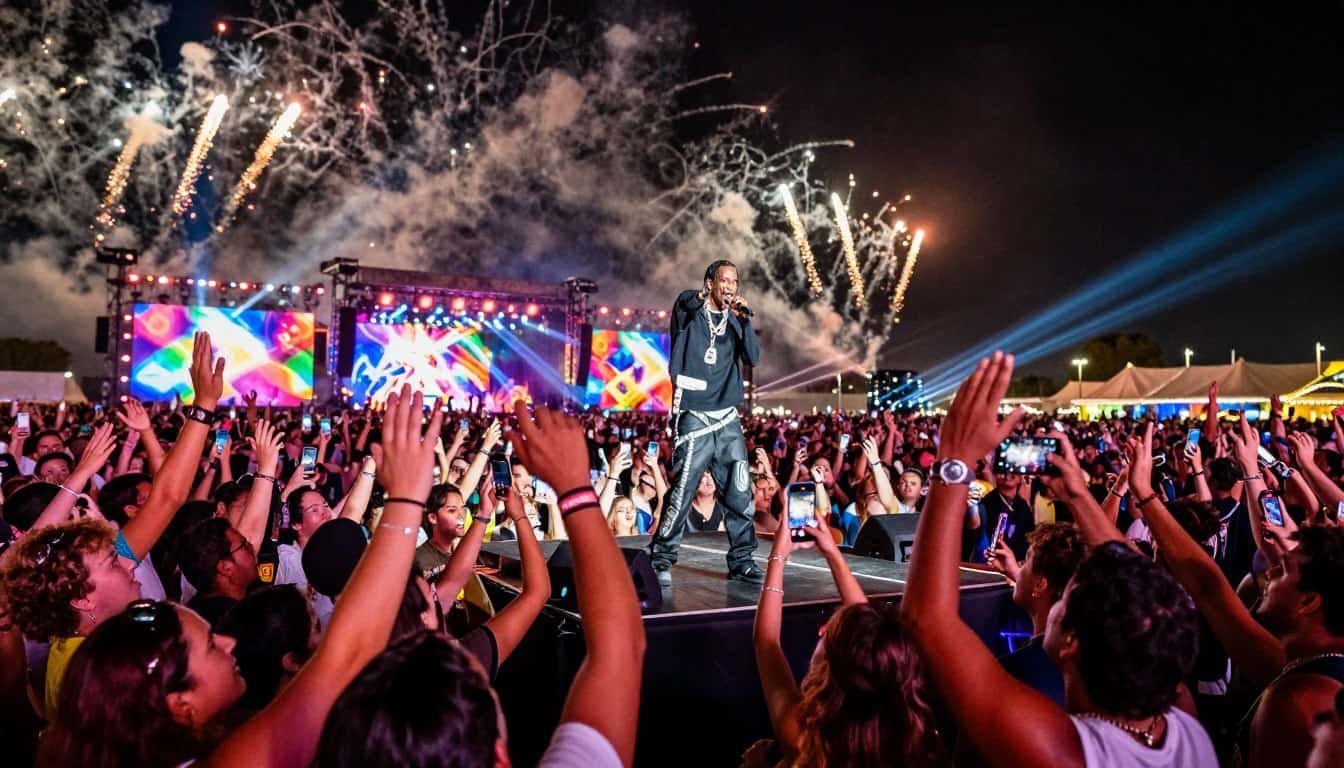 Stevie The Manager performing on stage at a large outdoor festival with fireworks.