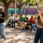 Female rapper performing at an outdoor hip-hop event with DJ and audience.