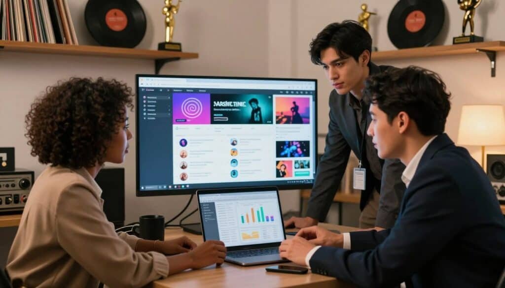 Music industry professionals discussing digital marketing strategies.