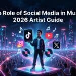 Stevie The Manager performing at a music event with social media icons.