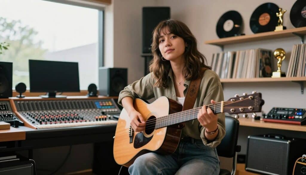 Stevie The Manager playing guitar in a professional recording studio.