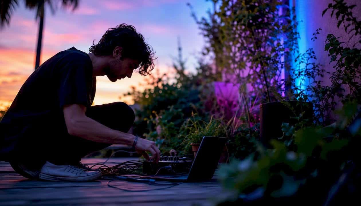 Musician adjusting audio equipment at studio desk