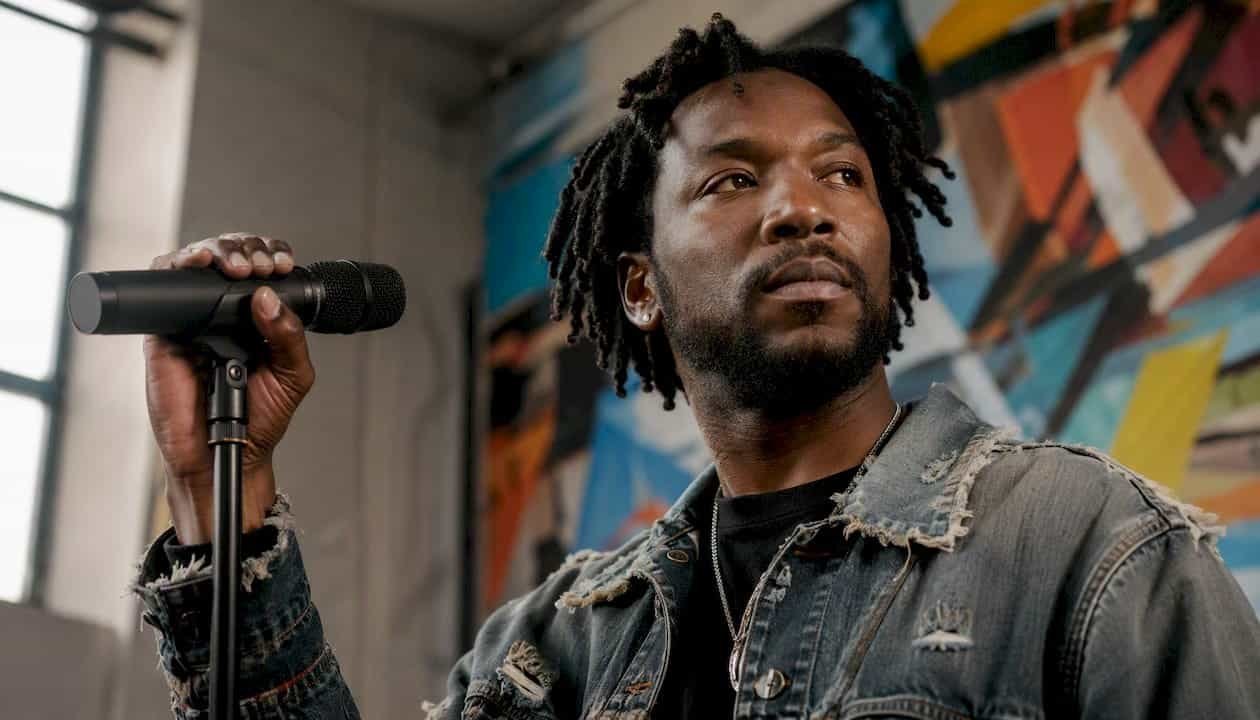 Hip-hop artist holding microphone in dim studio