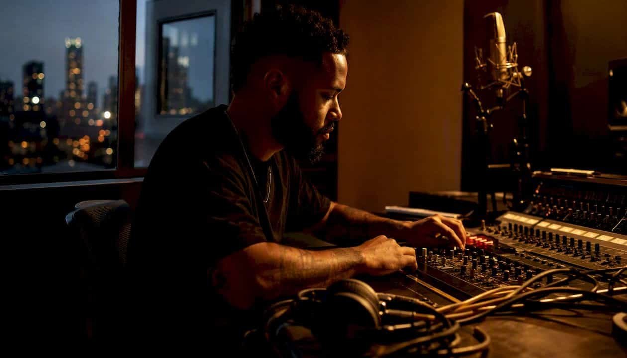 Producer hands adjusting synth loop in studio
