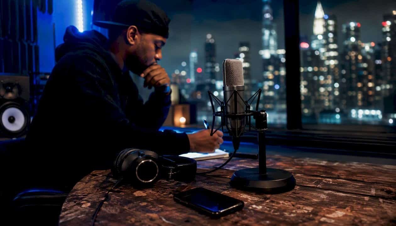 Hip-hop marketing setup with mic and smartphone