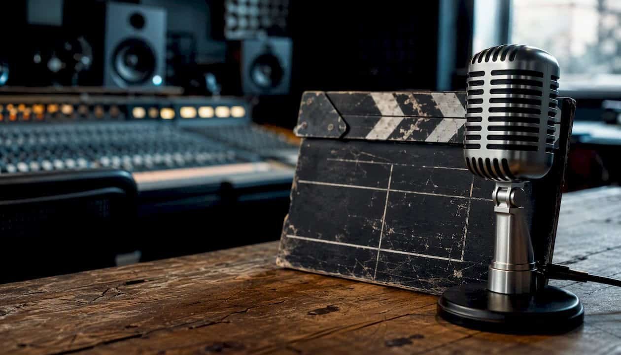 Film clapperboard and microphone close-up