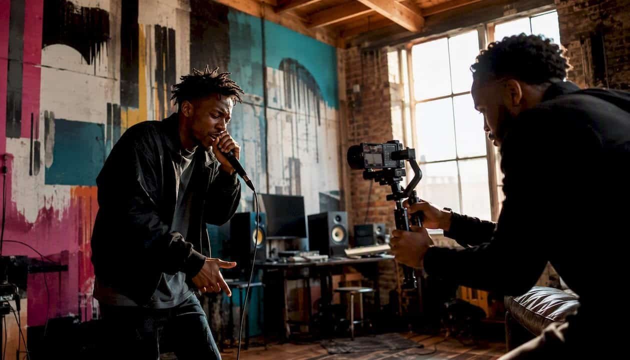 Two hip-hop artists collaborating on music video