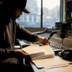 Hands arranging artist one sheet on mixer desk