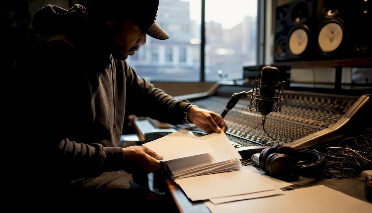 Hands arranging artist one sheet on mixer desk
