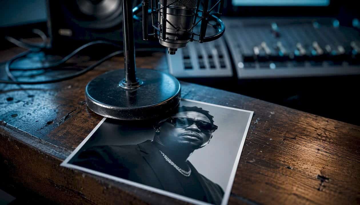 Press photo under microphone in studio