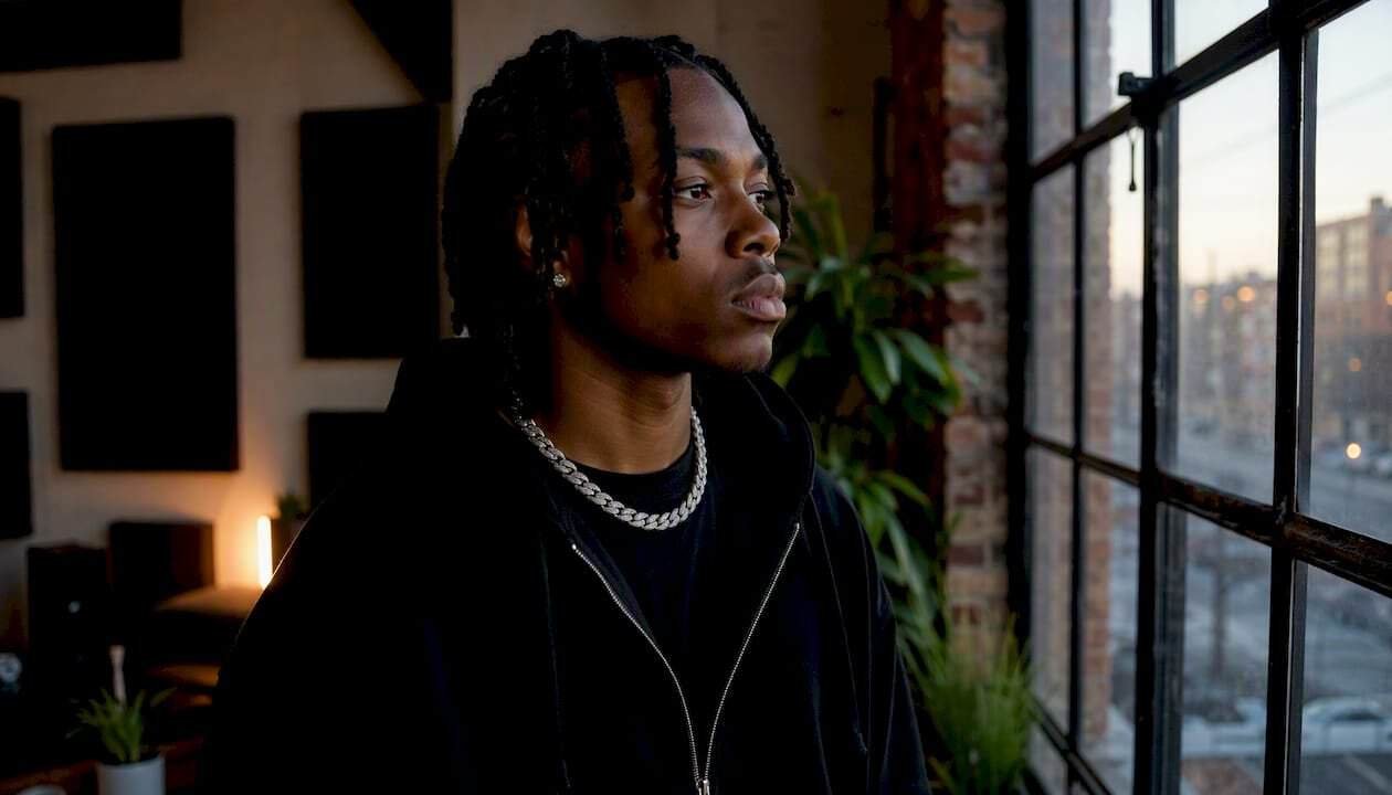 Hip-hop artist thinking while writing bio