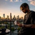 Hip-hop artist writing bio notes in studio