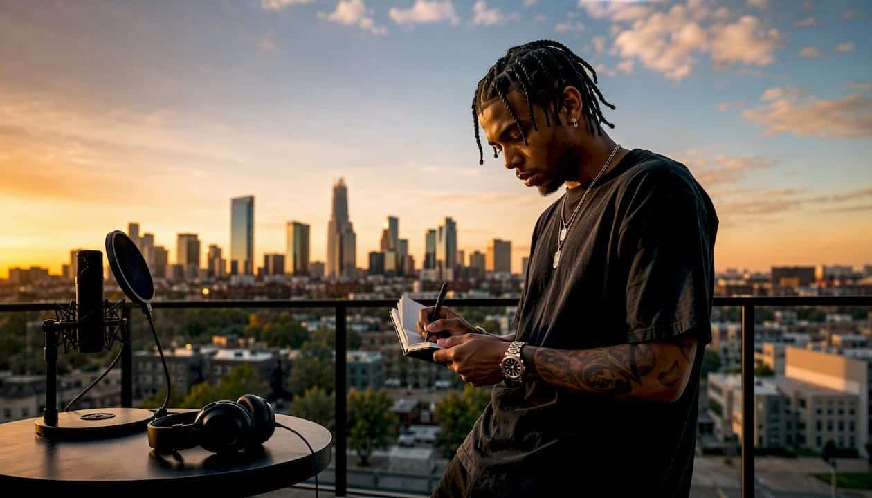 Hip-hop artist writing bio notes in studio