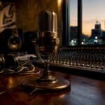 Close-up of microphone in recording studio