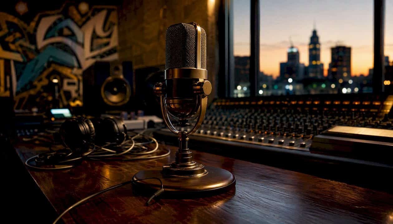 Close-up of microphone in recording studio