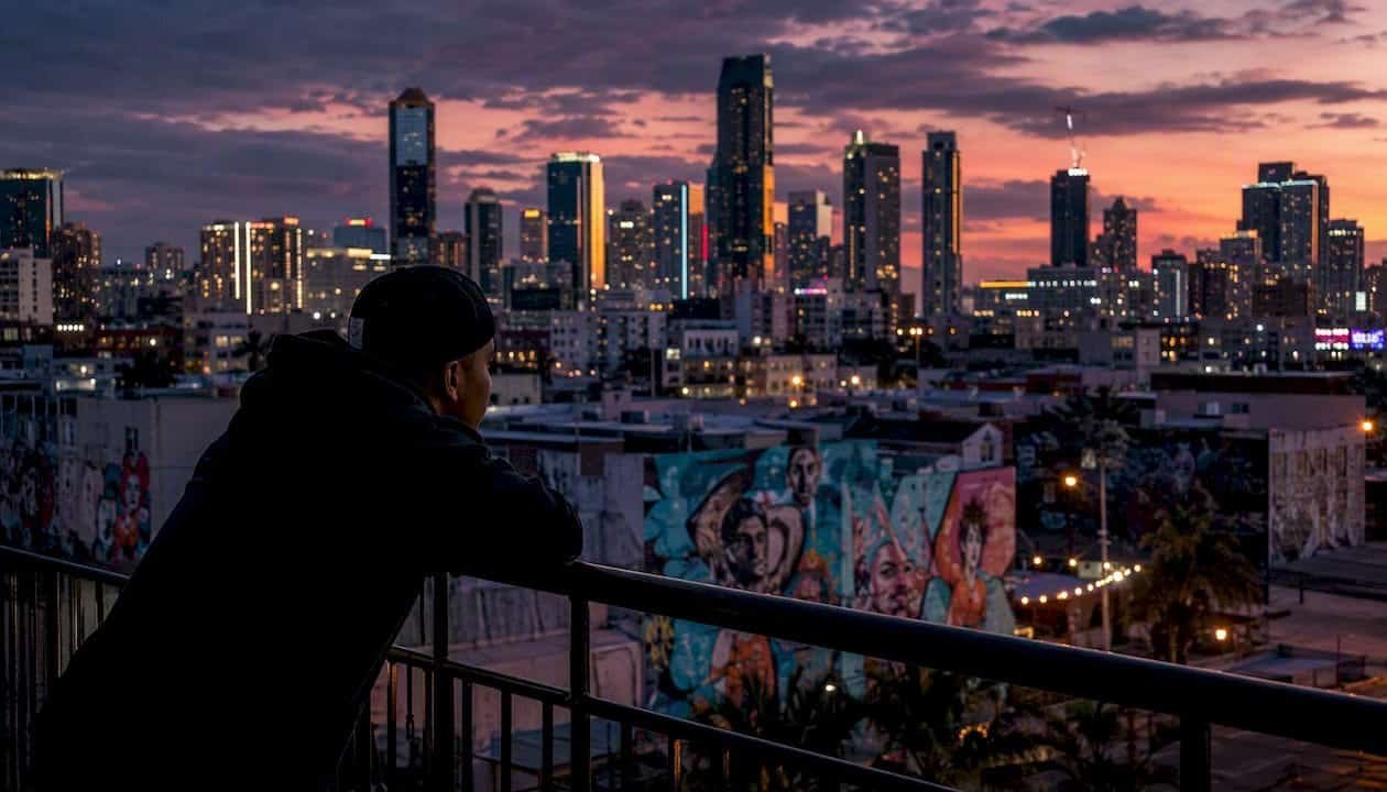 Urban city skyline at dusk with streetlights