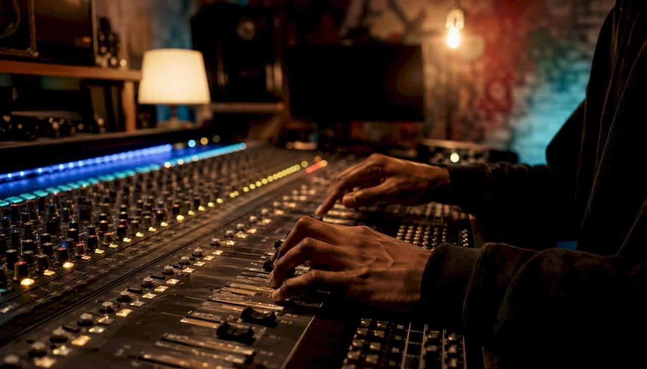 Hands adjusting mixer with audio processing hardware
