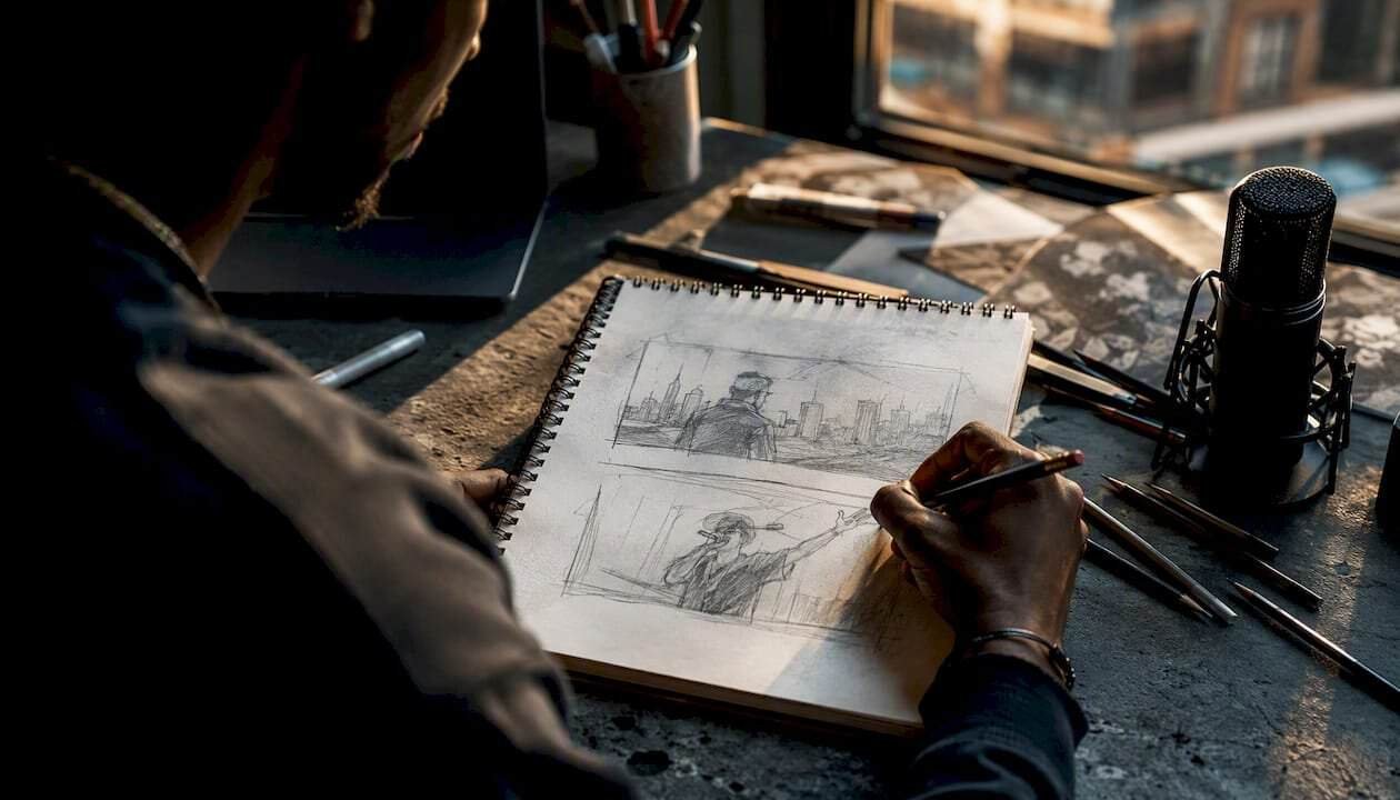 Hand drawing storyboard frames on paper