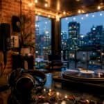 Microphone and vinyl turntable in studio