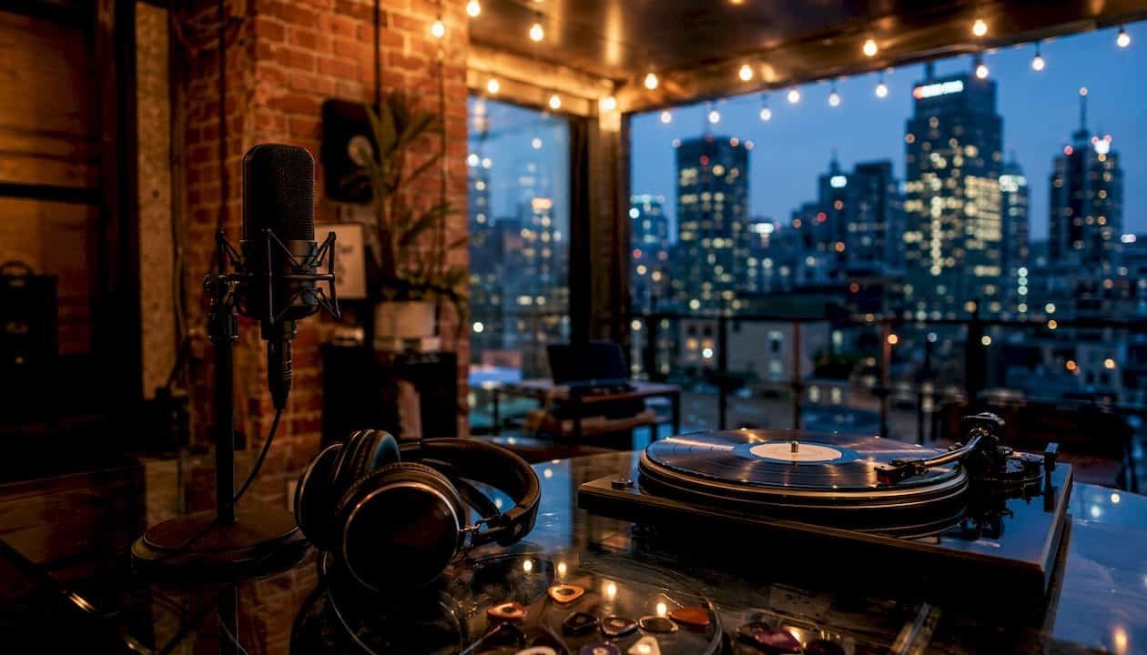 Microphone and vinyl turntable in studio