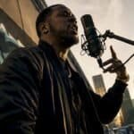 Rapper performing and writing lyrics in studio