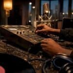 Hands adjusting music sampler in studio