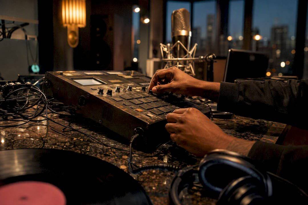 Hands adjusting music sampler in studio