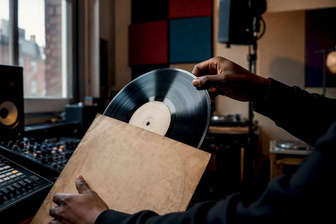 Hand flipping vinyl record sleeve