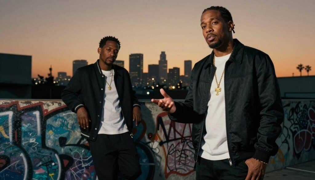 A dramatic split scene depicting The Game and Kendrick Lamar in an urban Los Angeles setting. In the foreground, The Game stands confidently, dressed in modern casual streetwear with a thoughtful expression, gesturing as if addressing an unseen audience. In the middle ground, Kendrick Lamar appears contemplative, dressed in a stylish yet modest outfit, leaning against a graffiti-covered wall. The background features hints of the LA skyline under a dusky sky, casting an orange glow, suggesting tension. The atmosphere is charged, reflecting a sense of rivalry and debate among fans. Use soft, moody lighting to enhance the intensity of the scene, shot from a low angle to convey a sense of stature and prominence for both artists.
