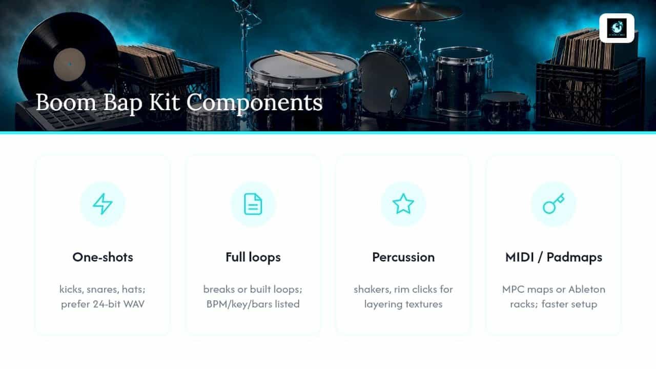 Four components of a boom bap drum kit
