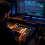 Producer shaping a hip-hop beat in studio