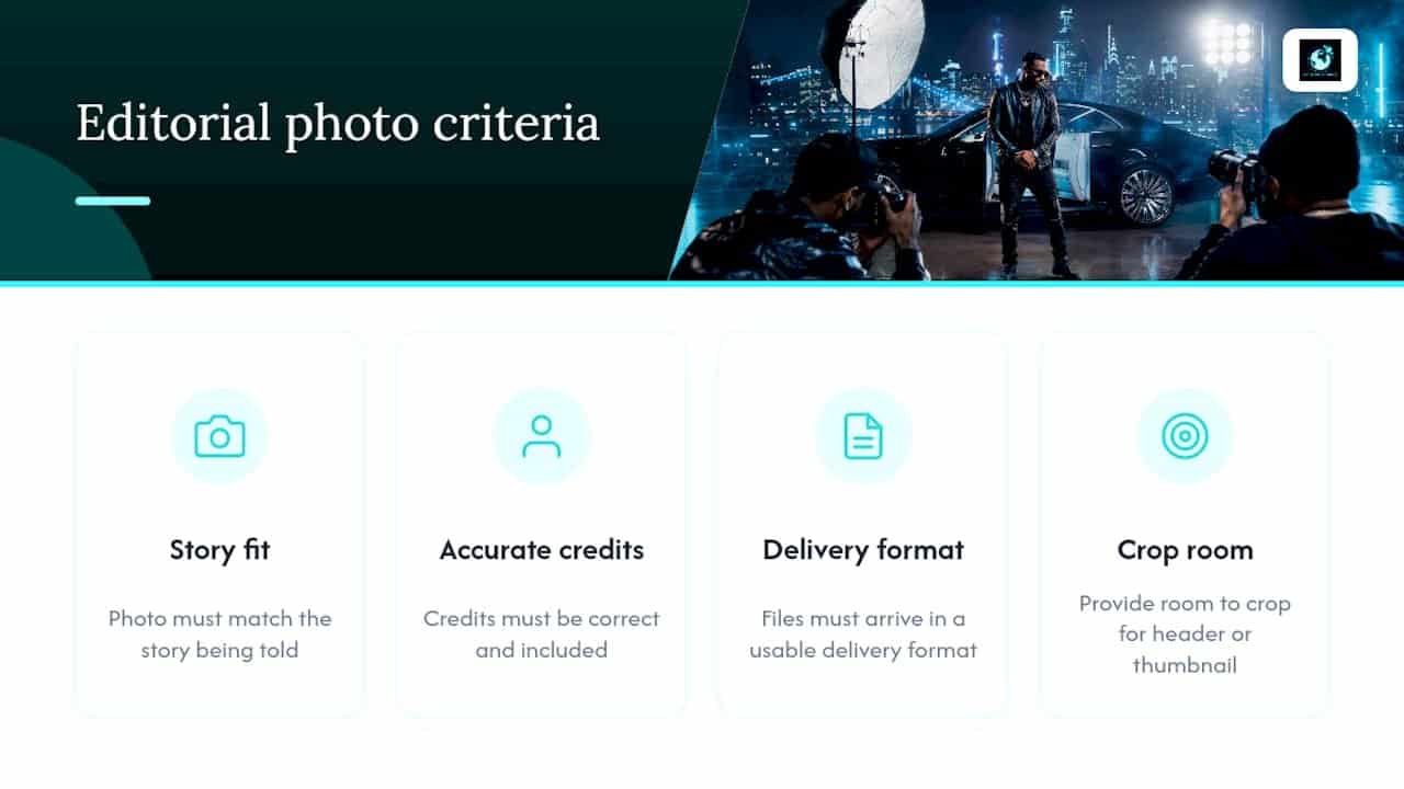 Editorial review criteria for artist press photos